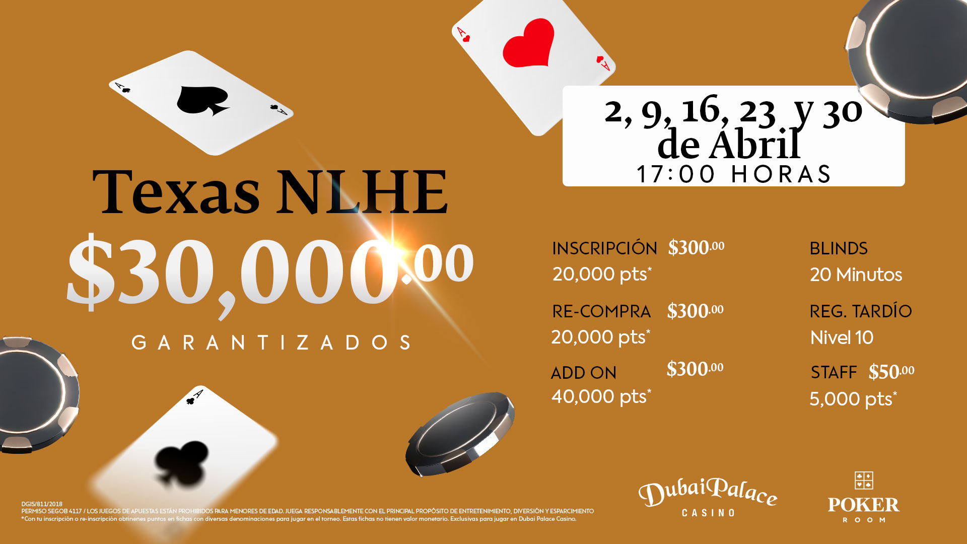 Torneo Texas NLHE con $30,000 pesos garantizados